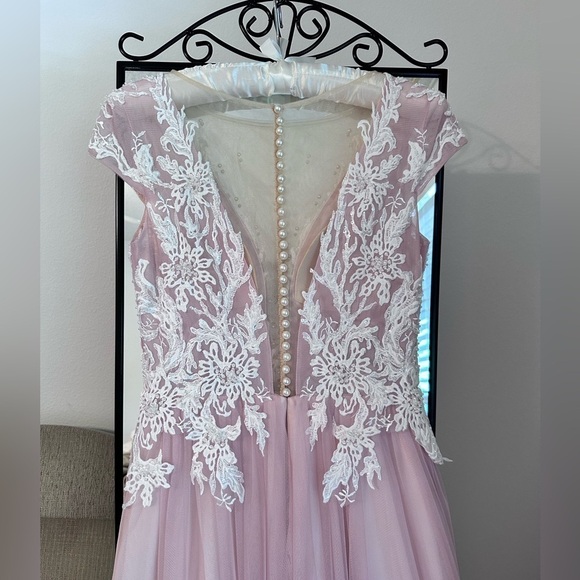 Wedding/prom/evening/gala dress gown lace white pink puff skirt A-line cap sleev - Picture 7 of 12